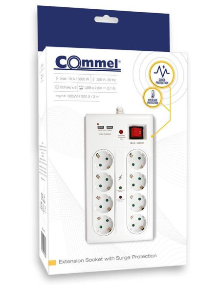 COMMEL Разклонител с копче БЯЛ 8x2P+E с 2xUSB тип А и гръмозащита