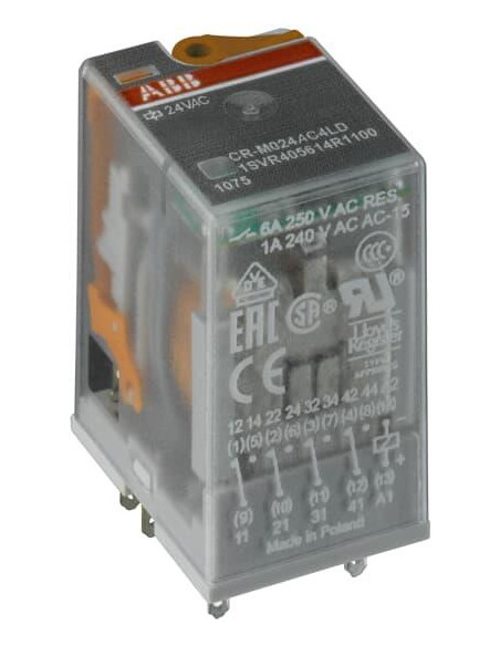 Реле интерфейсно CR-M 24 VAC, 6A, 4 превключващи контакта, монтаж в цокъл ABB