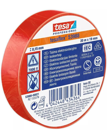 Изолационна лента цвят ЧЕРВЕН tesaflex 53988 0.15мм х 19мм, дължина 20м tesa Professional