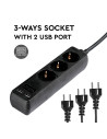 V-TAC 3 Гнезда Разклоните 2USB Кабел 5м Черен - 8777 - 9