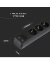 V-TAC 3 Гнезда Разклоните 2USB Кабел 1.5м Черен - 8776 - 2