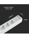 V-TAC 3 Гнезда Разклоните 2USB Кабел 5м Бял - 8775 - 9