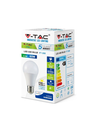 V-TAC LED Крушка SAMSUNG Чип 6.5W E27 A++ A60 6400K - 257 | 