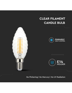 V-tac LED Крушка - 4W Filament E14 Кендъл Спирала Димиращ 3000K 214367 - Цена | LEDs4economy 2