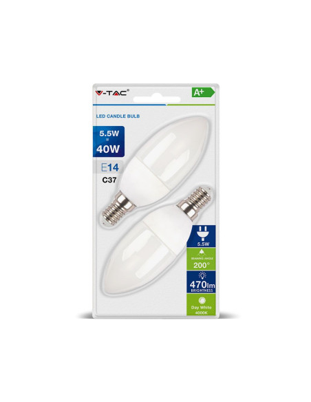 V-TAC LED Крушка 5.5W E14 Кендъл Бяла Светлина 2Бр/Блистер - 7293