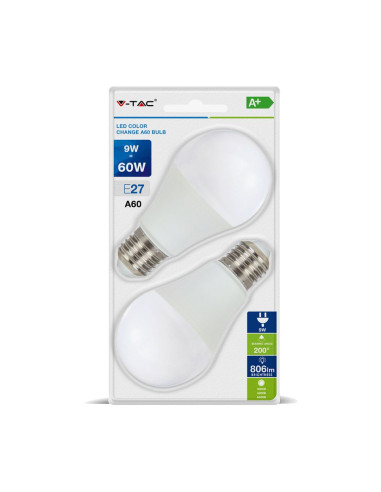 V-TAC LED Крушка 9W А60 Е27 Смяна на Цвета Топло Бяла Светлина 