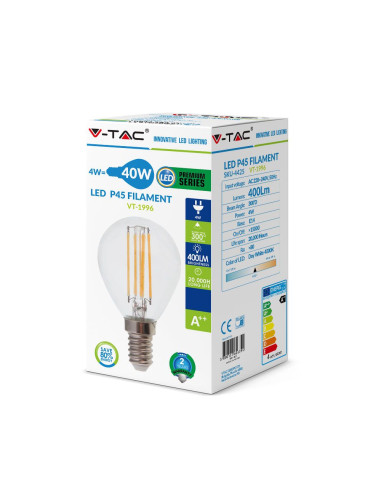 V-TAC LED Крушка 4W Filament E14 P45 Неутрално Бяла Светлина - 