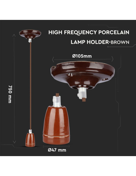 V-TAC Пендел Порцеланова Фасунга E27 Кафяв - 3810 | Leds4economy.