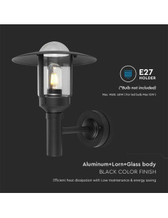 V-TAC E27 Стенен Аплик Черен Цилиндър Шапка Стъкло IP44 - 10422 - Цена | LEDs4economy 2