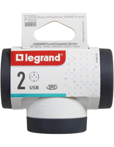 Legrand Адаптер за контакт 2х Шуко Т-образен въртящ с USB A+C бял