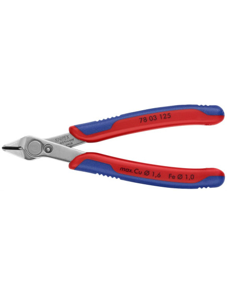 Клещи резачки Super-Knips, неръждаема стомана, синьо-червена ръкохватка 125мм, с отваряща пружина, Knipex