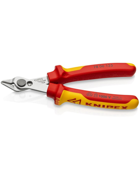 Клещи резачки Super-Knips, неръждаема стомана, VDE 1000V жълто-червена ръкохватка 125мм, с отваряща пружина, Knipex
