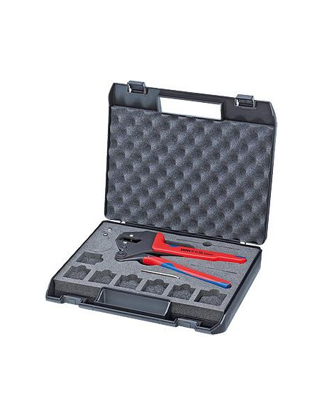 Клещи за кримпване на кабелни накрайници CrimpSystem в куфар, без челюсти, синьо-червена ръкохватка 200мм, с пружина, Knipex