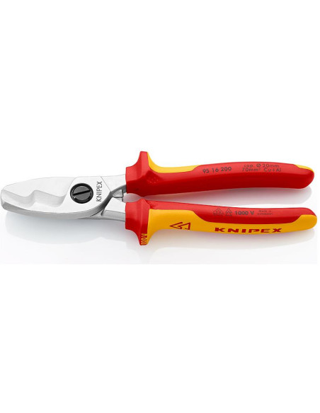 Ножици за рязане на кабел до 70мм2, хромирани, VDE 1000V жълто-червена ръкохватка 200мм, Knipex