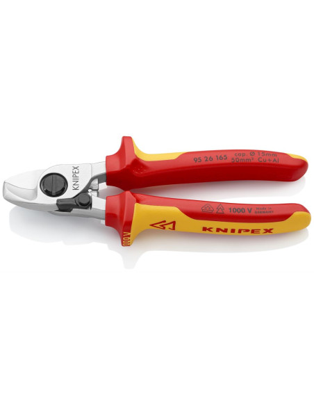 Ножици за рязане на кабел до 50мм2, хромирани, VDE 1000V жълто-червена ръкохватка 165мм, с фиксатор, Knipex