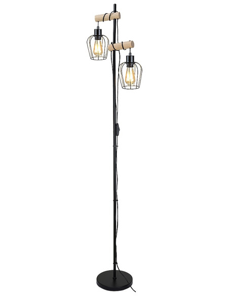 Fabian, лампион от метал-дърво, E27 2x MAX 40W, матово черно, с превключвател на кабела, височина 168 см