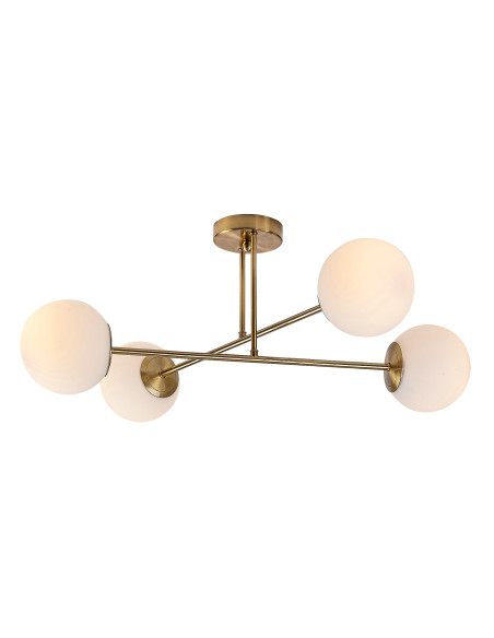 Kiara, indoor ceiling lamp, gold metal lamp with white glass shade, E27 G45 4xMAX35W, L77cm, D13cm, H30cm, installation diame