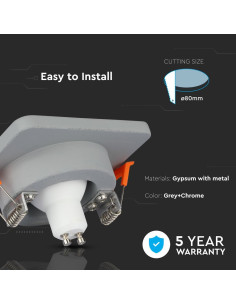 V-TAC GU10 Гипсова Отливка Квадрат Сив + Хромиран Ринг - 3120 - Цена | LEDs4economy 2