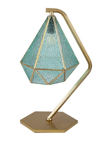 Norah, indoor table lamp, gold metal lamp with blue glass shade, E14 1xMAX40W, L26cm, H44cm, 21x21cm, cable length: 180cm wit