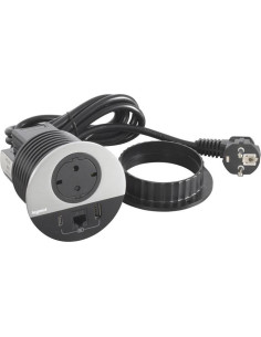 Legrand Модул за вграждане в бюро с 1х Шуко, USB тип A+C и 1х RJ45 Cat.6 UTP, кабел 2m, Ø80mm, цвят ЧЕРЕН МЕТАЛ, Incara Disq - -