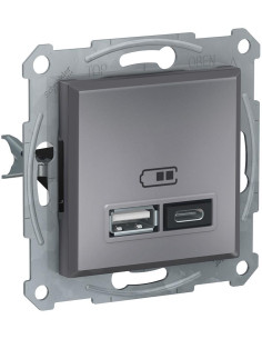 SE Розетка 2хUSB за зареждане тип A+C 2.4A 12W цвят Стомана Asfora - EPH2700362 - Цена | LEDs4economy