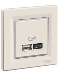 SE Розетка 2хUSB за зареждане тип A+C 2.4A 12W моноблок цвят Крем Asfora - EPH2700323 - Цена | LEDs4economy