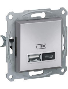 SE Розетка 2хUSB за зареждане тип A+C 2.4A 12W цвят Алуминий Asfora - EPH2700361 - Цена | LEDs4economy
