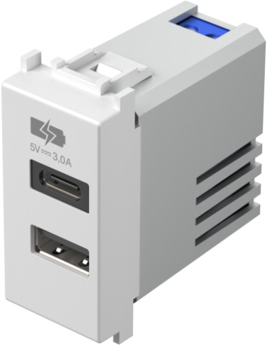 Розетка 2хUSB за зареждане тип A+C 3A 15W 1M, цвят Бял гланц, Modul TEM