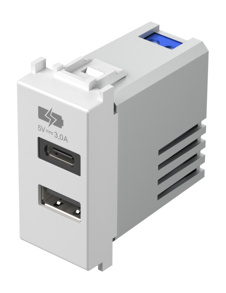 Розетка 2хUSB за зареждане тип A+C 3A 15W 1M, цвят Бял гланц, Modul TEM