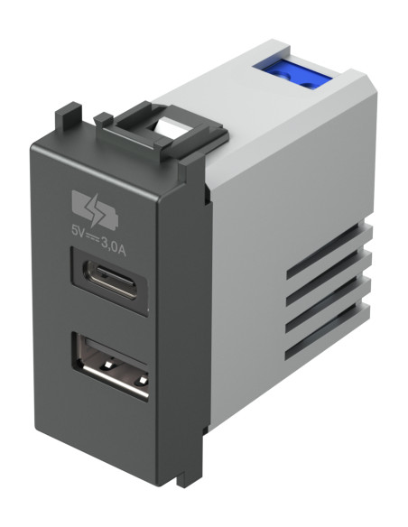 Розетка 2хUSB за зареждане тип A+C 3A 15W 1M, цвят Антрацит, Modul TEM