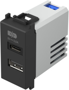 TEM Розетка 2хUSB за зареждане тип A+C 3A 15W 1M, цвят Черен мат, Modul - EM68SB - Цена | LEDs4economy