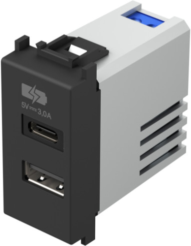 Розетка 2хUSB за зареждане тип A+C 3A 15W 1M, цвят Черен мат, Modul TEM