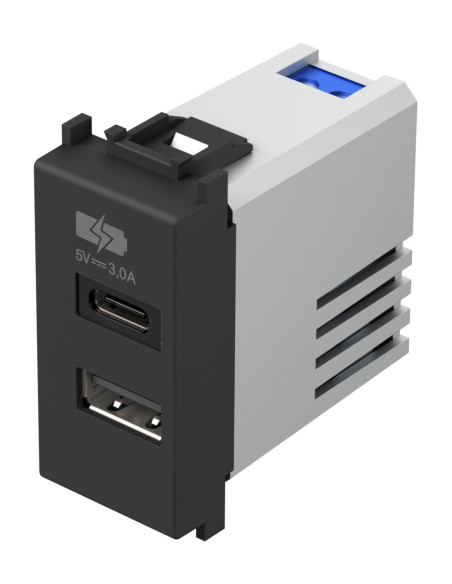 Розетка 2хUSB за зареждане тип A+C 3A 15W 1M, цвят Черен мат, Modul TEM