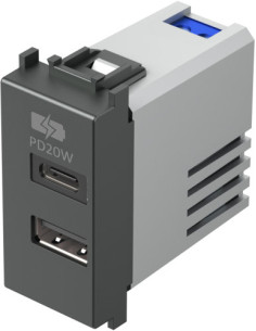 TEM Розетка 2хUSB за зареждане тип A+C Power Delivery 20W 1M, цвят Черен мат, Modul - EM69SB - Цена | LEDs4economy