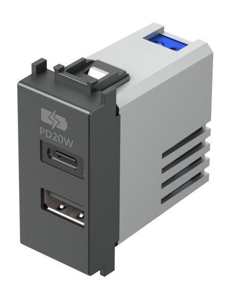 Розетка 2хUSB за зареждане тип A+C 3A 20W 1M, цвят Черен мат, Modul TEM