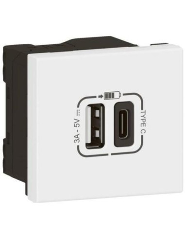 Розетка 2хUSB за зареждане тип A+C 3A 15W 2 мод. цвят Бял Mosaic Legrand /до изчерпване/