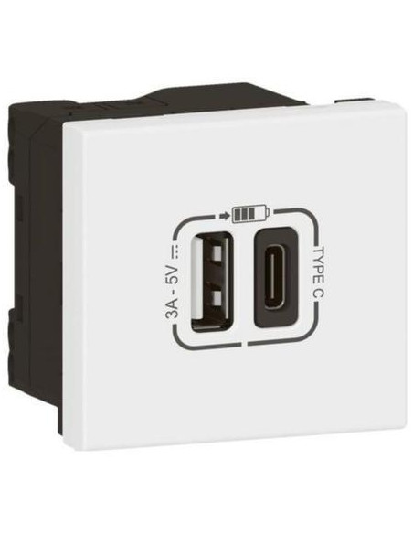 Розетка 2хUSB за зареждане тип A+C 3A 15W 2 мод. цвят Бял Mosaic Legrand /до изчерпване/