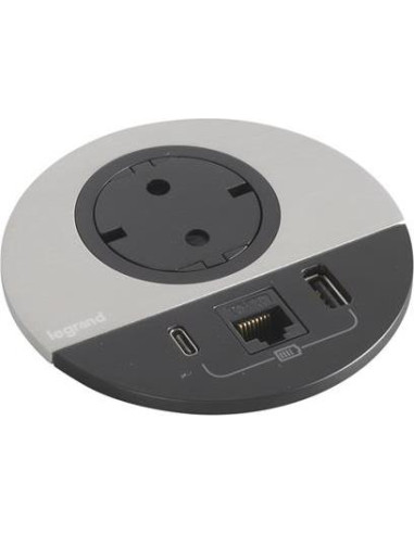 Модул за вграждане в бюро с 1х Шуко, USB тип A+C и 1х RJ45 Cat.6 UTP, GST18, Ø80mm, цвят ЧЕРЕН МЕТАЛ, Incara Disq Legrand