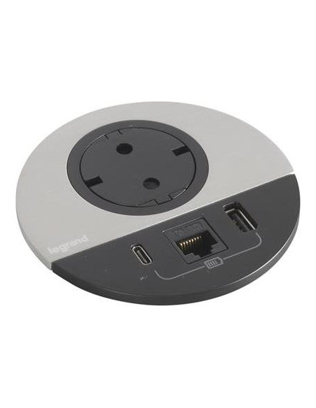 Модул за вграждане в бюро с 1х Шуко, USB тип A+C и 1х RJ45 Cat.6 UTP, GST18, Ø80mm, цвят ЧЕРЕН МЕТАЛ, Incara Disq Legrand