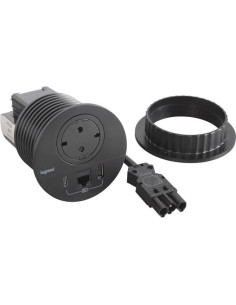 Legrand Модул за вграждане в бюро с 1х Шуко, USB тип A+C и 1х RJ45 Cat.6 UTP, GST18, Ø80mm, цвят ЧЕРЕН, Incara Disq - 654711F - 