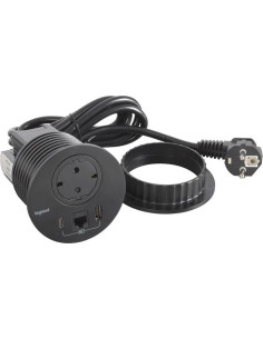 Legrand Модул за вграждане в бюро с 1х Шуко, USB тип A+C и 1х RJ45 Cat.6 UTP, кабел 2m, Ø80mm, цвят ЧЕРЕН, Incara Disq - 654711 