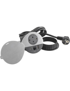 Legrand Модул за вграждане в бюро с 1х Шуко, USB тип A+C и 1х RJ45 Cat.6 UTP, кабел 2m, Ø80mm, цвят ЧЕРЕН с капак, Incara Disq - 2