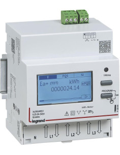 Legrand Трифазен електромер за ДИРЕКТНО мерене на ел. енергия EMDX3, Modbus, 2 тарифи, за DIN монтаж 4 мод, 63A, MID - 412093 - 
