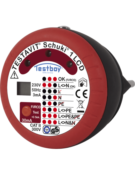 Тестер за контакт шуко CAT II 300Vac, ДТЗ 30mA, LED и LCD, Testavit Schuki 1 Testboy