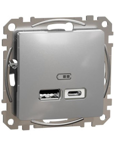 SE Розетка 2хUSB за зареждане тип A+C 2.4A 12W цвят Алуминий Sedna - SDD113402 - Цена | LEDs4economy