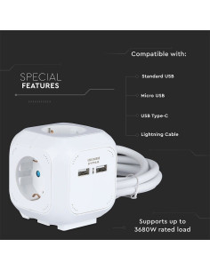 V-TAC 4 Гнезден Комбиниран Разклонител + 2USB 3X1.5 1.4M Бял Куб - 8800 - Цена | LEDs4economy 2