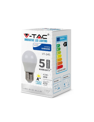 V-TAC LED Крушка SAMSUNG Чип 4.5W E27 A++ G45 4000K - 262 | 