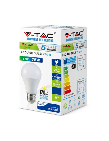 V-TAC LED Крушка SAMSUNG Чип 8.5W E27 A++ A60 6400K - 254 | 