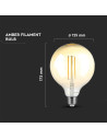 V-tac LED Крушка - 8W Filament E27 G125 Амбър Димиращ 3000K 217155 - 3