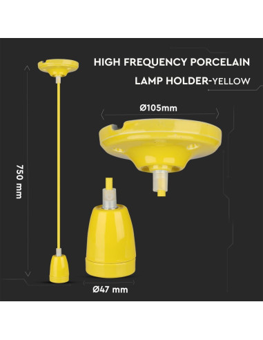 V-TAC Пендел Порцеланова Фасунга E27 Жълт - 3809 | Leds4e
